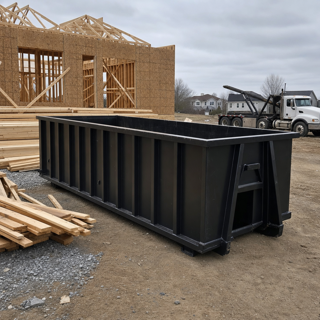 Matte-black 40-yard roll-off dumpster staged on a framed-out residential construction site in Salt Lake City, framing lumber stacked nearby, hooklift delivery truck visible in the background under bright Colorado daylight