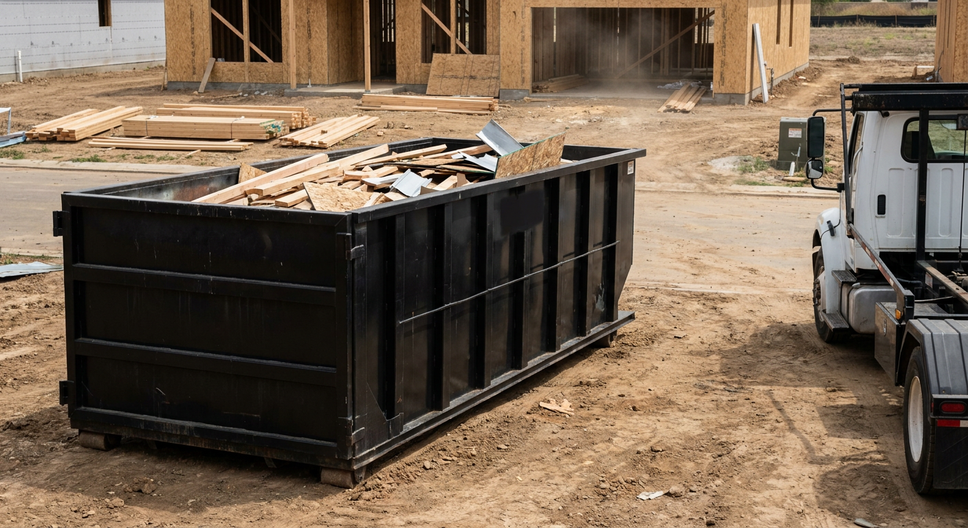 Matte-black 20-yard roll-off construction dumpster with heavy ribbed steel sidewalls and swing rear doors at a working jobsite in Salt Lake City, sitting directly on compacted dirt with an unmarked white hauler partially visible at the far edge of the frame.