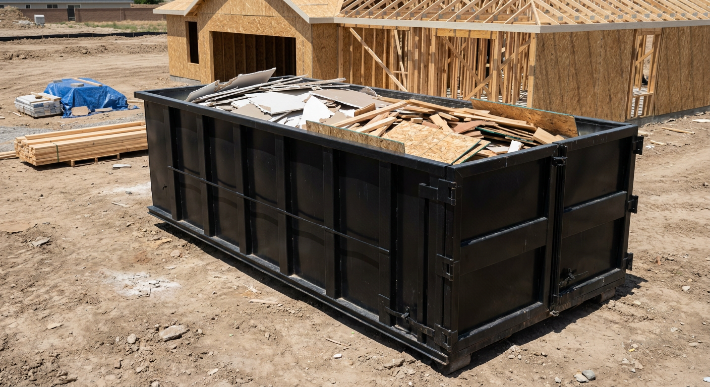Matte-black 30-yard roll-off construction dumpster sitting directly on the compacted-dirt site of a framed single-family home build in Salt Lake City, drywall and lumber scrap loaded inside.