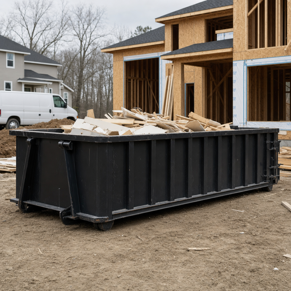 Worker in a yellow high-visibility vest tossing framing lumber and broken drywall into a matte-black 30-yard construction roll-off dumpster on an active build site in Salt Lake City, bright daylight