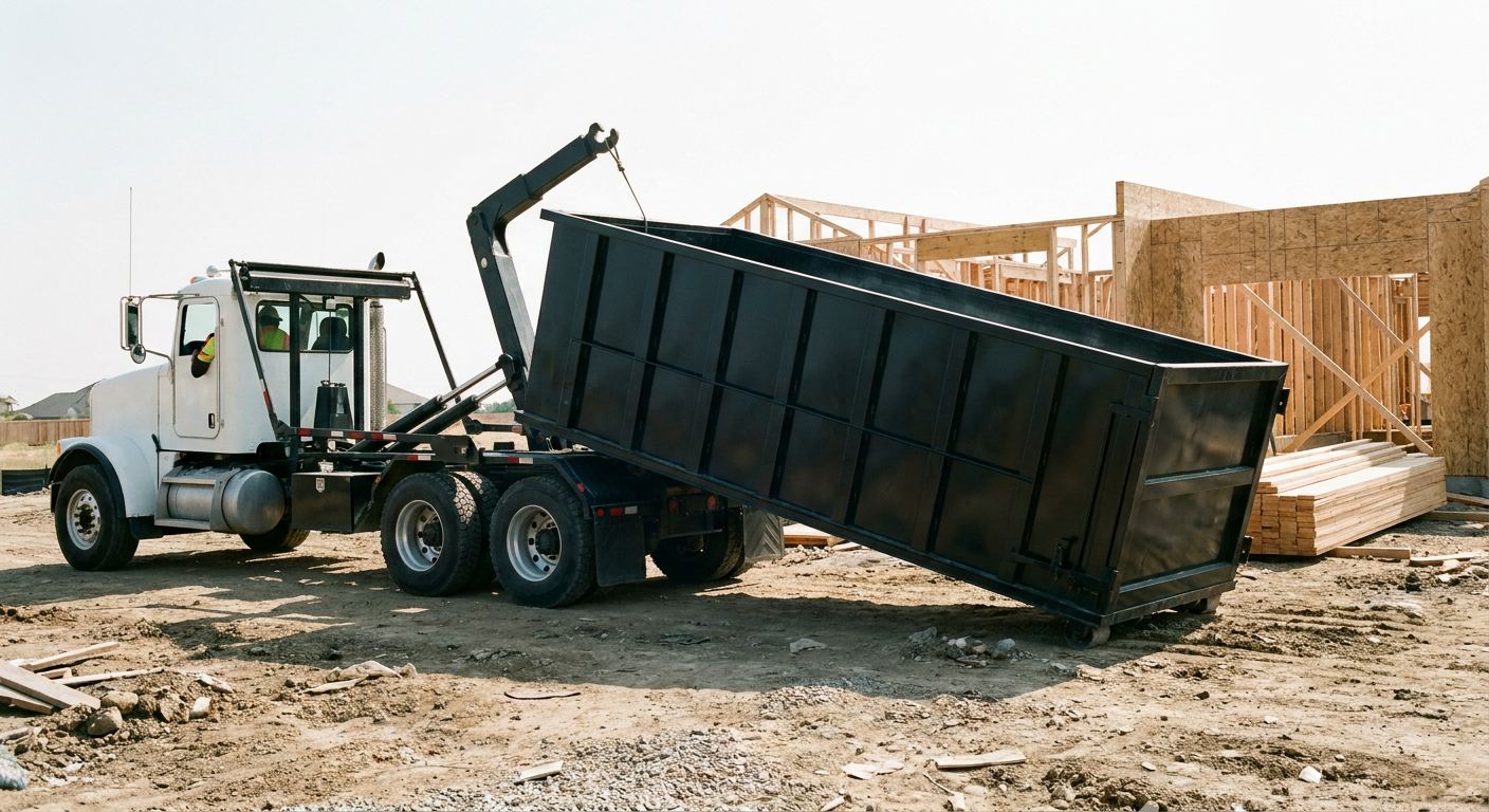 Matte-black roll-off dumpster being delivered onto a clean residential concrete driveway in Salt Lake City by an unmarked white hooklift hauler truck, bright morning daylight, documentary 35mm perspective.