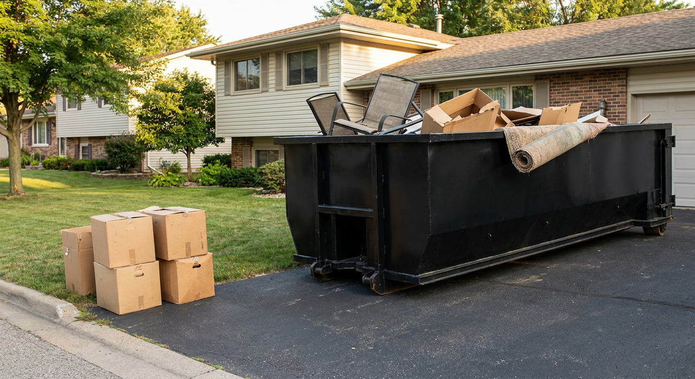 Front-yard view of a Salt Lake City split-level home with a 20-yard matte-black roll-off dumpster sitting directly on the asphalt driveway, a few clearly labeled donation boxes staged at the curb, calm sunny afternoon.