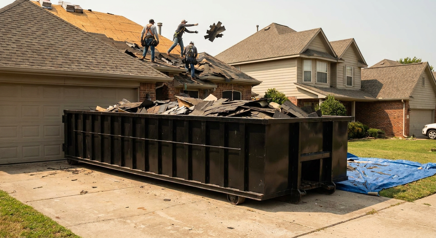 Matte-black roofing roll-off dumpster placed directly on a Salt Lake City residential concrete driveway, a tear-off crew on a two-story asphalt-shingle roof tossing shingle bundles into the low-walled container, bright daylight, documentary 35mm perspective.