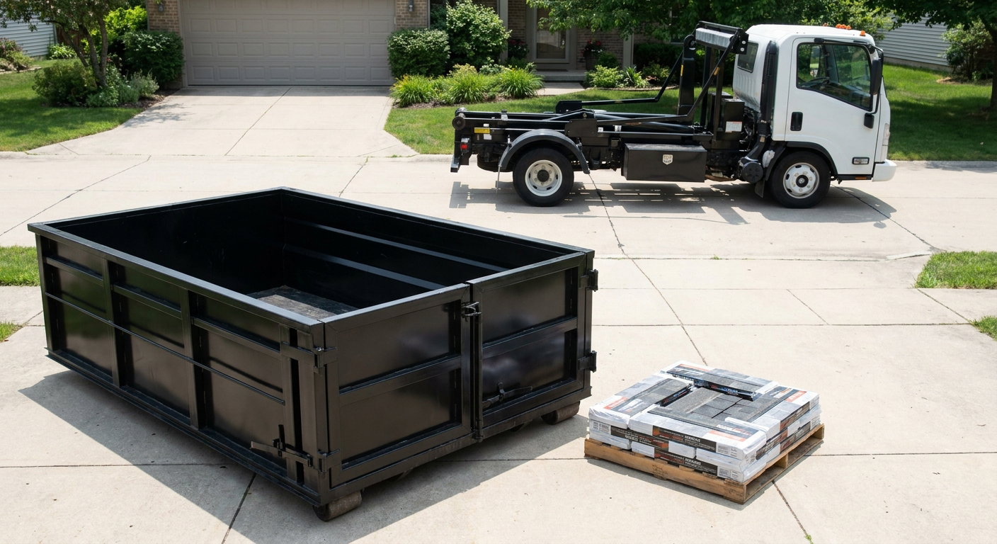 Matte-black 15-yard roofing roll-off dumpster with reinforced low side walls sitting directly on a Salt Lake City residential concrete driveway, three-tab asphalt shingle bundles stacked nearby, an unmarked white hauler truck partially visible at the edge of the frame.