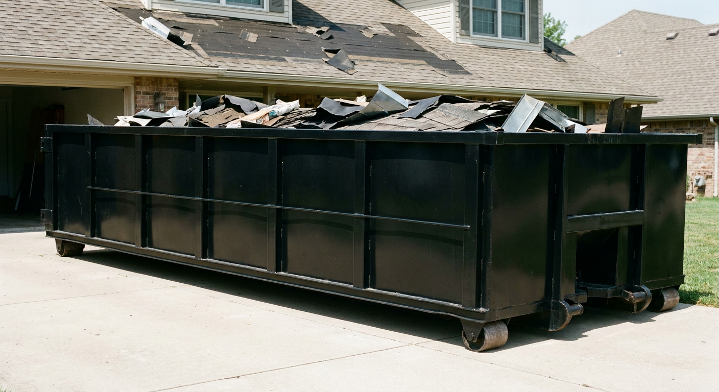 Matte-black 20-yard roofing roll-off dumpster with steel ribbed sides and swinging rear door, sitting directly on the concrete driveway of a two-story Salt Lake City home, asphalt shingle debris being loaded over the low wall, clean documentary lighting.