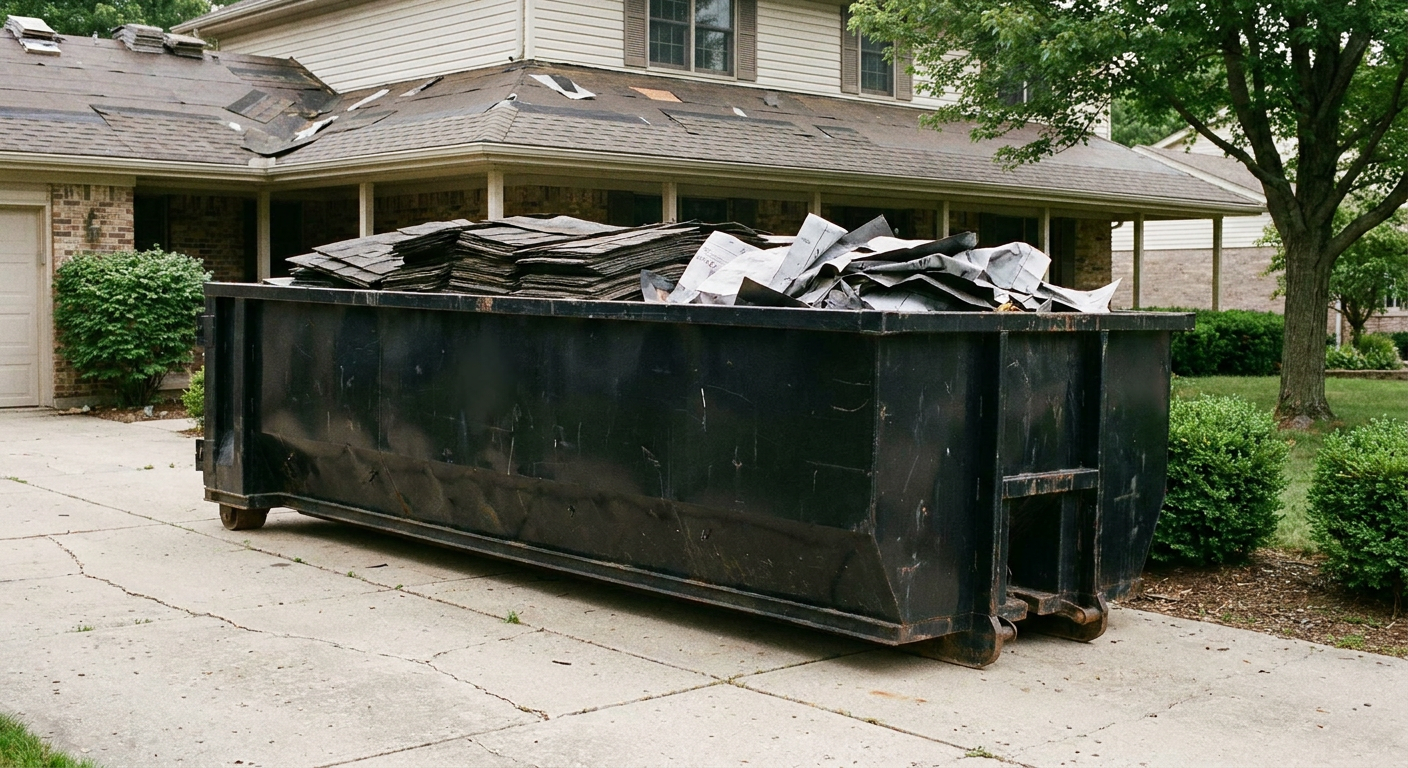 Matte-black 30-yard roofing roll-off dumpster sitting directly on a Salt Lake City concrete driveway, taller ribbed steel side panels, mixed tear-off debris of asphalt shingles and underlayment inside, professional documentary daylight.