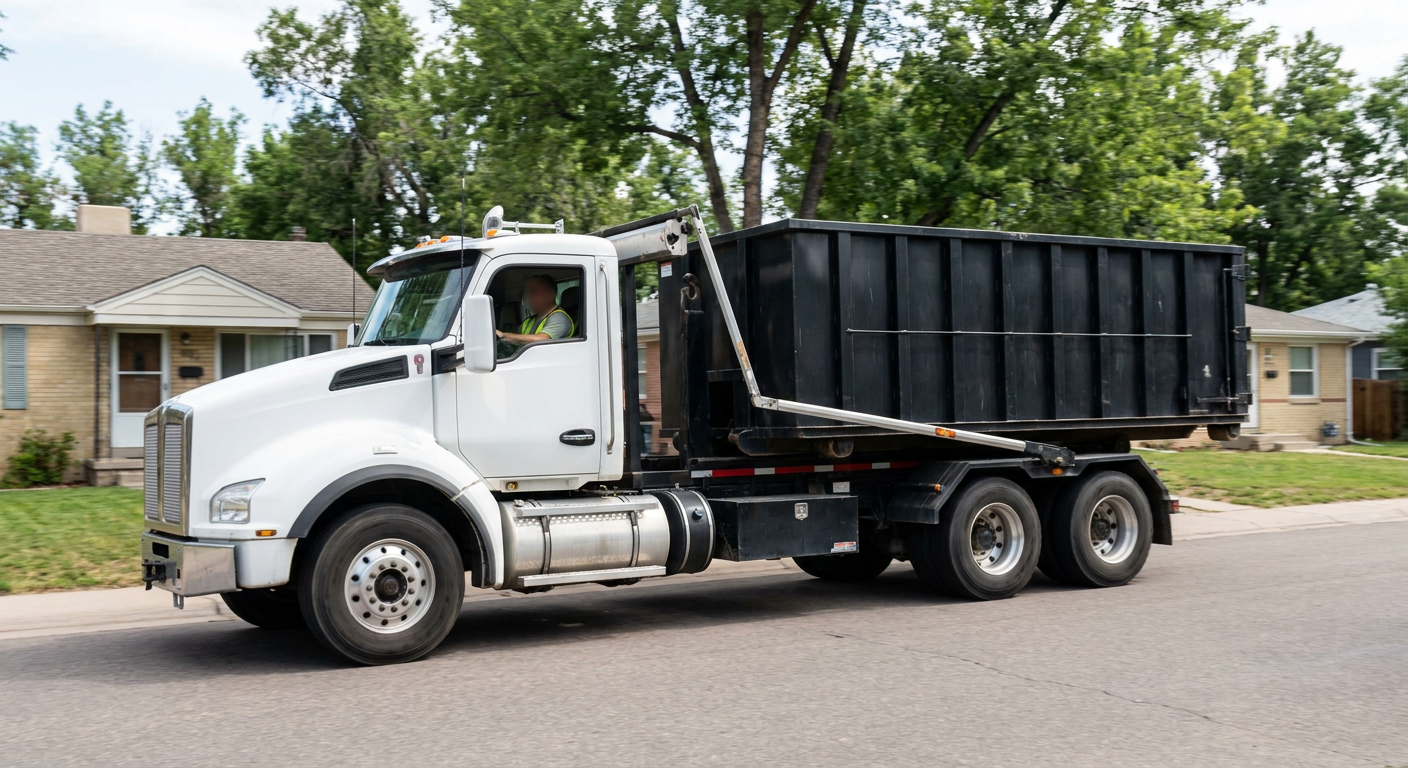 A wide documentary shot of a matte-black roll-off delivery truck pulling onto a quiet Salt Lake City residential street at mid-morning, with neighborhood rooftops and tree-lined blocks visible behind, showing the metro coverage footprint.