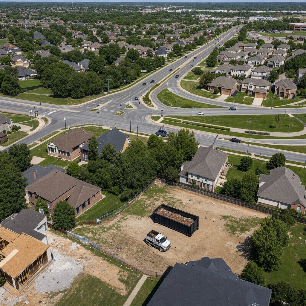 An overhead documentary view of the Salt Lake City metro area at midday, showing the spread of neighborhoods, arterial roads, and the dispatch radius from a central yard — clean daylight, organized geographic layout.