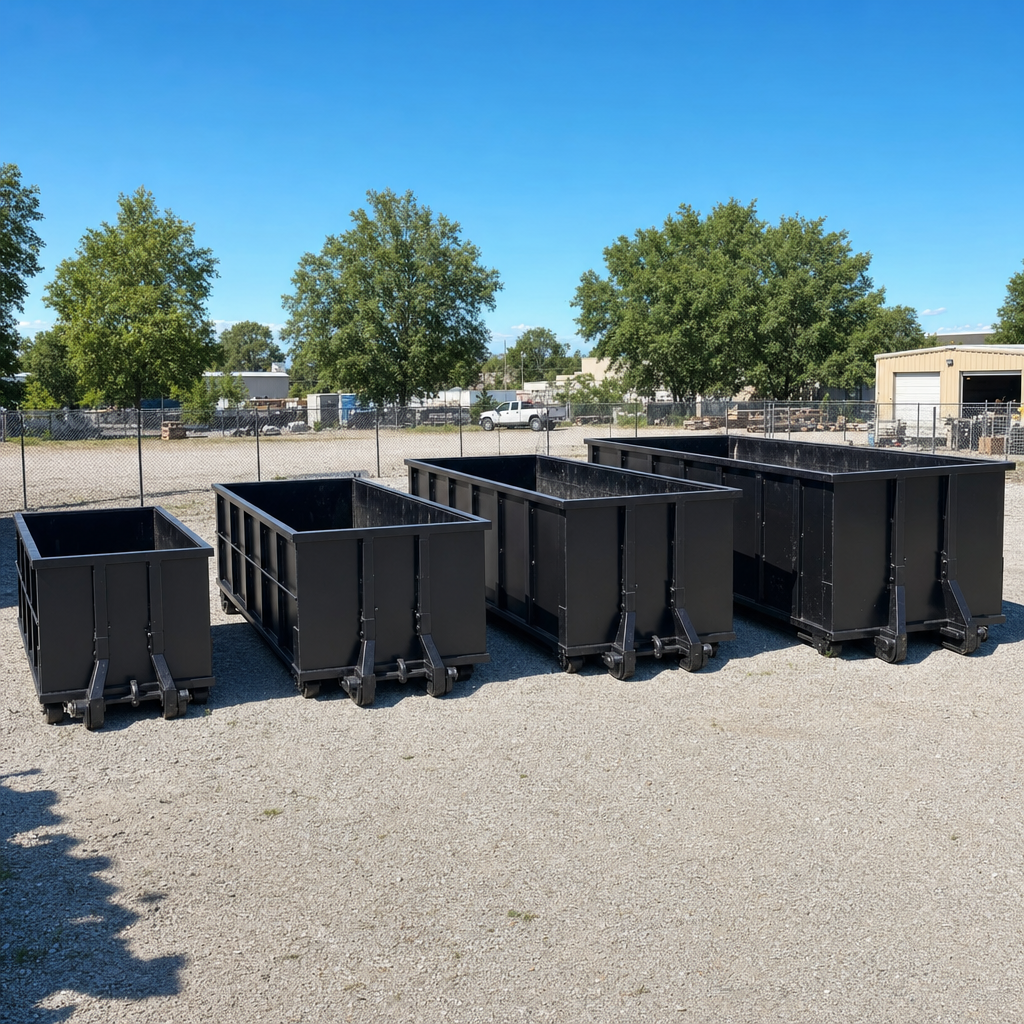 A clean lineup of matte-black roll-off dumpsters in 10, 20, 30, and 40-yard sizes staged on a sunlit gravel yard in Salt Lake City, showing the size progression from compact to commercial-scale containers.