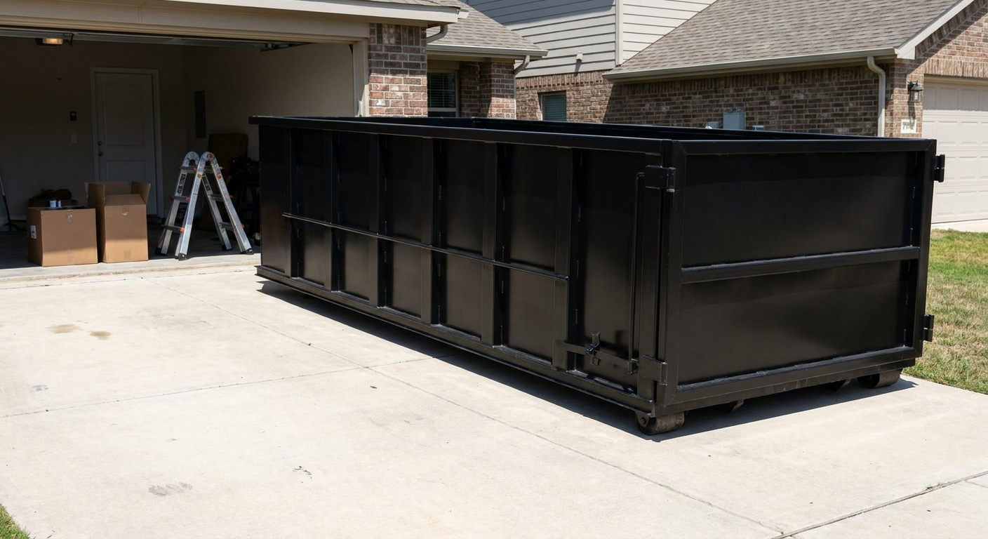 A matte-black 10-yard roll-off dumpster sitting directly on a residential Salt Lake City concrete driveway, mid-day sunlight, clean and ready for a garage cleanout.