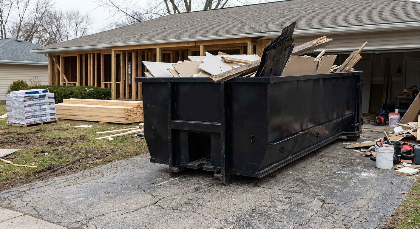 A matte-black 20-yard roll-off dumpster placed alongside a mid-renovation Salt Lake City home directly on the asphalt driveway, with framing materials and torn-off shingles staged neatly nearby.