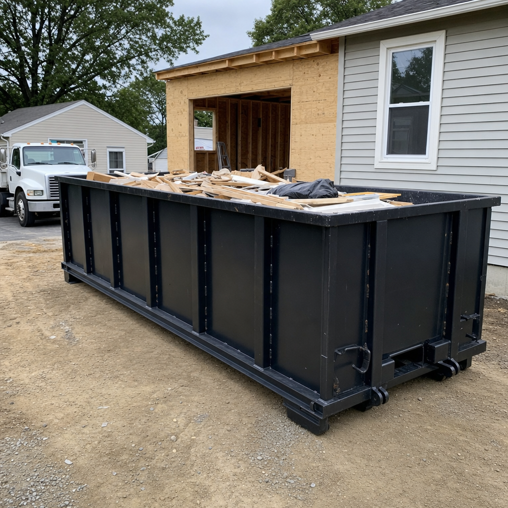 A matte-black 30-yard roll-off dumpster positioned at a Salt Lake City residential addition jobsite, with framing lumber and drywall scraps loaded through the open swinging rear doors.